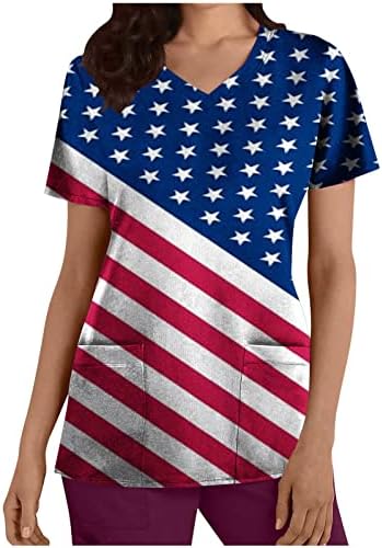 Дамски Блузи на Ден на Независимостта, елегантно облечен Форма на медицинските Сестри с Американския Флаг, Тениска с V-образно