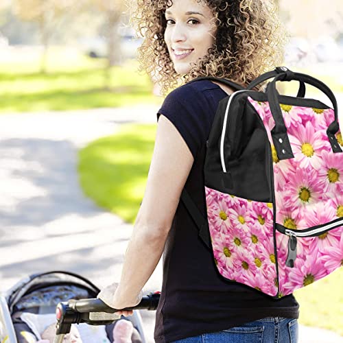 Чанта за Памперси на Розови Цветя Маргаритки Романтична Раница За Пътуване с Голям Капацитет