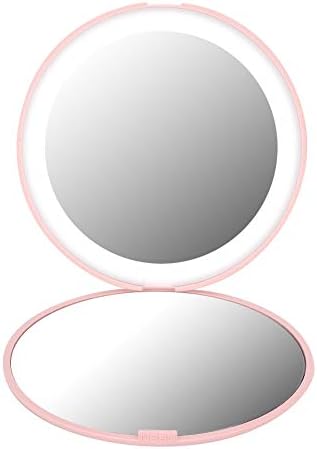 Увеличително Огледало 10X, Двустранно Десктоп Огледало с Регулируема сгъваема дръжка, Огледало с осветление за пътуване с Грим (Розово)