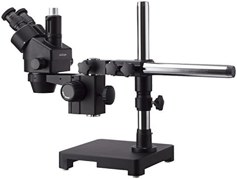 AmScope 7X-45Ч Черно Тринокулярный Стереоскопичен Увеличение на Микроскопа AmScope на Однорычажной стойка с околовръстен подсветка от 80 светодиоди и 5-Мегапикселова цифро?