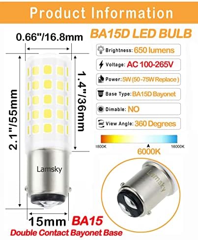 Led лампа Lamsky Ba15d 7,5 W дневна светлина Бял цвят 6000 До 120 В, еквивалент халогенни 75 W 80 W, лампа за шевна машина