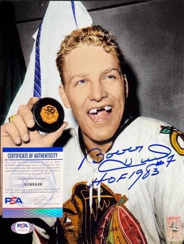Боби Хъл - Чикаго Блекхоукс КОПИТО '83 С Автограф 8x10 Снимка PSA AG68849 - Снимки на НХЛ с автограф