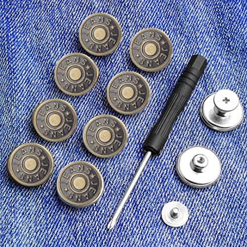 8 Комплекта Сменяеми деним копчета, подвижна метална пуговица за дънки не се зашива, Комплект за ремонт на копчета 17 мм и с отвертка в пластмасова кутия за съхранени