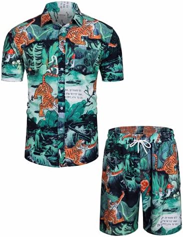 TUNEVUSE Мъжки Хавайски Костюми, Ризи с къс ръкав, Костюми С Флорални Принтом, Тропически Комплекти от 2 теми, Ризи