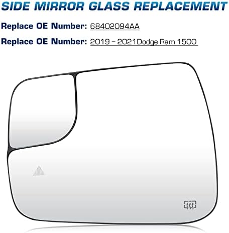 Youxmoto Шофьорска Лявото Огледало стъкло с подгряване за по-Ram 1500 2019 2020 2021, с Подложка, OEM 68402094AA