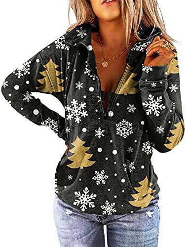 Дамски Блузи, Hoody, Дамски Ежедневни Коледна Блуза с цип с дълъг ръкав и яка-часова, Риза L & 3779