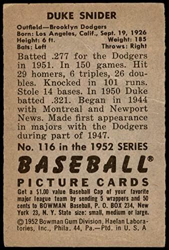 1952 Боуман 116 Дюк Снайдер Бруклин Доджърс (Бейзбол карта) ТНА Доджърс