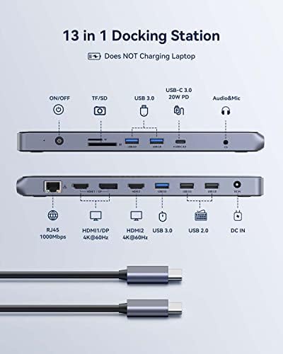 Докинг станция USB C с две монитори за Windows и Mac, докинг станция за лаптоп GIISSMO 13 в 1 с две 4K, HDMI и Displayport (HDMI 1 / DP + HDMI 2), зареждане с 20 W, RJ45, USB 3.0 / 2.0, аудио, TF / SD (черен)