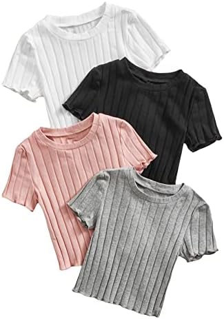 Тениска WDIRARA с гарнитура от листа маруля за малки момичета, Трикотажная Тениска в рубчик с кръгло деколте и Къс ръкав, Комплект от 4 теми