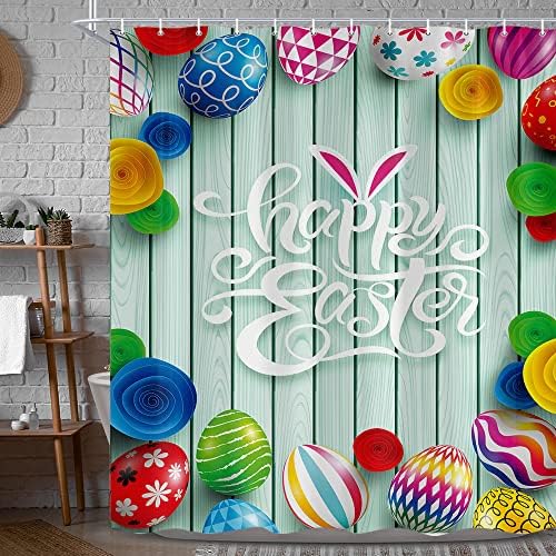 Честит Великден Завеса за Душ Пъстри Великденски яйца, Сладък Великденски Заек по Селски Тюркоаз Дървена дъска Завеса