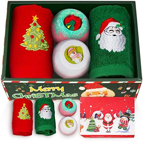 Подаръчен Комплект Коледни Кърпи за ръце Abnija 12x18 инча и Бомбочки за Баня - Кухненски Кърпи от памук,