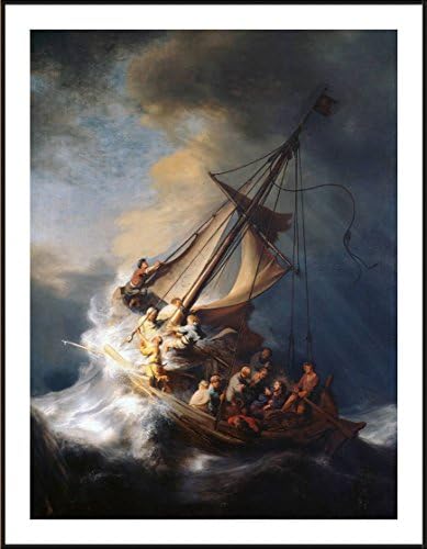 Alonline Art - Христос в штормовом Галилейском море на Рембранд | Живопис в черна алуминиева рамка, Напечатанная отпечатъци