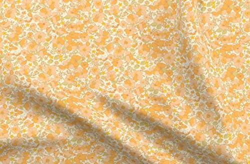 Плат Spoonflower - Цветя Реколта Жълти Цветя 70-те години, Приглушен Цвят на Праскова, Отпечатани на Маркови Памучен Плат