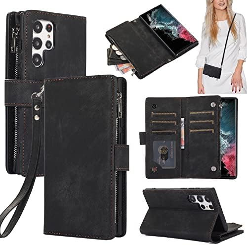 Чанта-портфейл TIFENS за Samsung S22 Ultra с държач за карти - Калъф-поставка от изкуствена кожа с джоб с цип, джоб за мобилен
