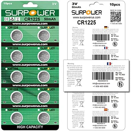 Батерия SURPOWER 10-Pack CR1225 3V за термометър CR 1225 【Гаранция от 5 години】