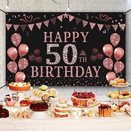 Trgowaul Украса на 50-ия Рожден Ден на жените - Розово Злато, Банер на 50-ия Рожден Ден, на Фона на парти по случай 50-годишнината