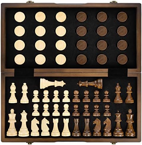 Игри набор от AMEROUS Магнитни Дървени Шах и Шашки, игри на Маса 15 инча (2 в 1), 2 Допълнителни Кралицата -