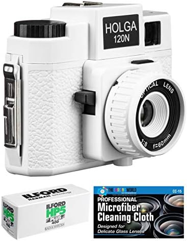 Филмова среден формат камера Holga 120N (бяла) с филма Ilford HP5 120 и кърпа от микрофибър