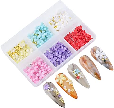 Katfan Акрилни Смесени 3D Цветни Висулки за нокти със Златни, Сребърни Метални Шариковыми Мъниста, Плоски Цветя от смола, 3D Дизайн нокти с Метални Мъниста от Хайвер за н