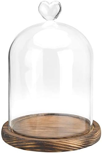 MyGift 6-Инчов Малка Витрина от Прозрачно Стъкло дамска шапка клош Bell Jar с дръжка във формата на Сърце и Тъмно-Кафява Дървена основа