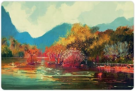 Подложка за домашни любимци Ambesonne Art за храна и вода, Сюрреалистичный Есента гората от Изсъхнали дървета на брега