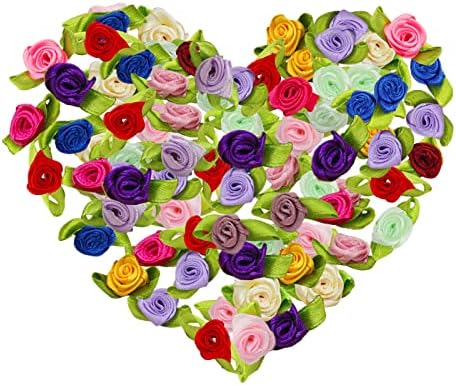 500 Броя Мини-Рози от панделки, Разноцветни Цветя-Контакти, Изкуствени Цветя за Бродерия, Малки Лъкове от панделки, Рози, Цветя с Листа, Украшение за Шиене, Украса за с