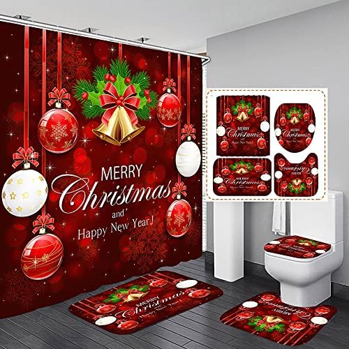 4 бр. Червени Завеси за душ с Коледа, Комплекти с подови изтривалки на разположение за Коледната декорация, Снежинка