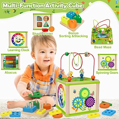 Играчки Монтесори за момчета и момичета на 1 година, дървен куб 6 в 1, Образователни играчки за ранно развитие на