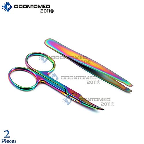 OdontoMed2011® Опаковка от 2 броя Извити ножици за вежди + Пинсети с наклонен ВРЪХ За Премахване на окосмяване По лицето,