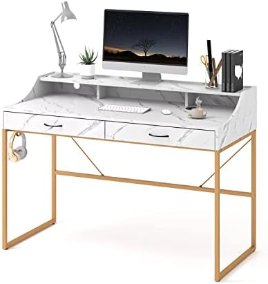 LINSY домашно компютърно бюро с чекмеджета, 47-инчов бюро, работно бюро с поставка за монитор за домашния офис, бял