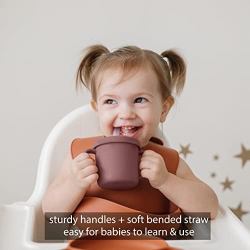 Силиконовата Слама чаша TotAha за бебето | Поильники за бебета 6-12-18 месеца | Преходна чаша 2 в 1 с капак за потягивания и закуски от шише | Открити спортни чаши с удобна др