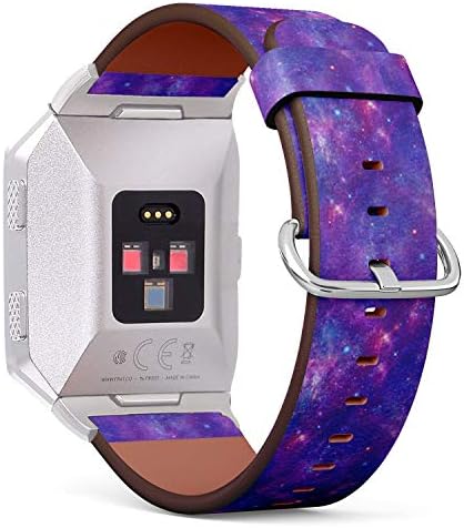 Съвместим с каишка-гривната за ръчен часовник Fitbit Ionic от естествена кожа със закопчалка от неръждаема стомана и адаптери (лилаво принт под формата на звезди Космич?
