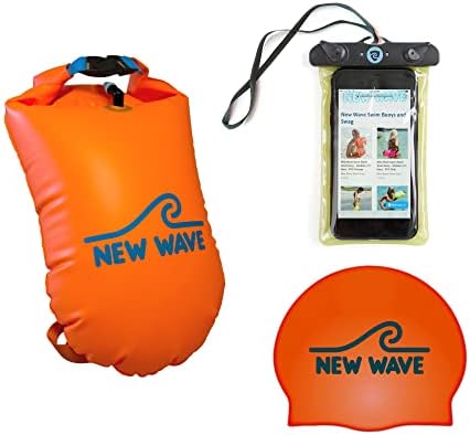 Комплект плавателен шамандура New Wave 20L TPU Оранжев цвят, Шапки за плуване Оранжев цвят и своята практика за телефон