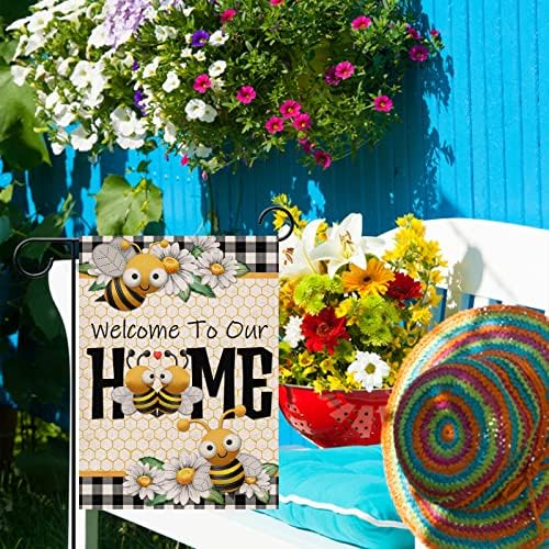 Furiaz Добре дошли в Нашата къща Пчелен Пролетно-Летния Декоративни Градински Флаг, чай от лайка Двор, Клетчатая