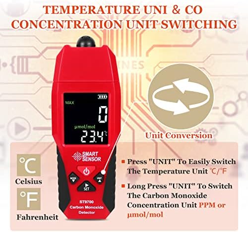 Ръчно измерване на въглероден окис Lunarlipes, Преносим детектор за въглероден окис, Професионален газов тестер CO с цветен LCD-дисплей, резолюция 0-1000 PPM с висока точност 1