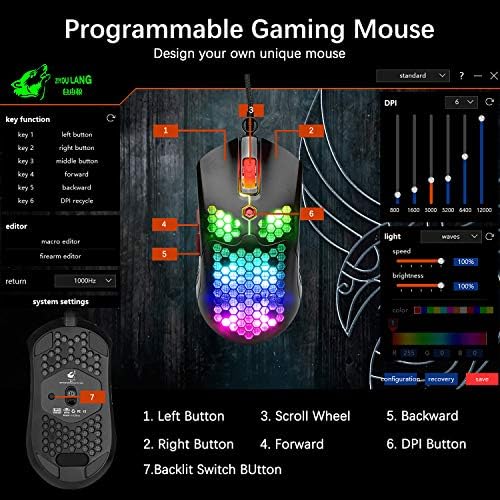 Лека жичен Детска мишката FELICON, мишка PAW3325 с резолюция от 12000 точки на инч, мишката с RGB подсветка, Програмируеми