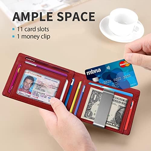 RUNBOX Червен Портфейл за мъже Тънък с 11 Отделения за кредитни карти Кожена Скоба за пари RFID Заключване Тънък Мъжки