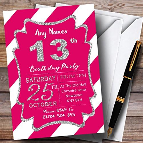 Розово-Бели Диагонални Ивици Сребърни 13-те Персонални Покани На Парти по случай рождения Ден