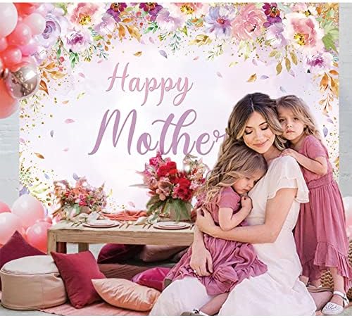Maijoeyy 7x5ft Щастлив Фон за Деня на Майката Лилаво, Розово Цвете на Фона на Ден на Майката за Фотография Petaled Златна Блестящ