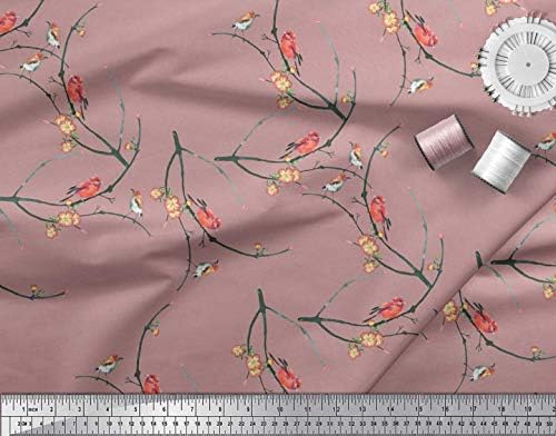 Памучен трикотажная плат Soimoi с принтом клони, цветя и птици, Робин, шевна плат с ширина 58 см
