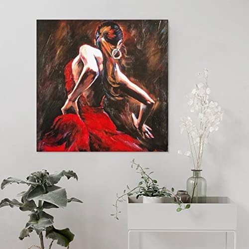 16x16 см (40x40 cm) Ръчно Рисувани с маслени Бои, Платно Изкуството на Испанска Танцьорка на фламенко в Червена Рокля Илюстрация