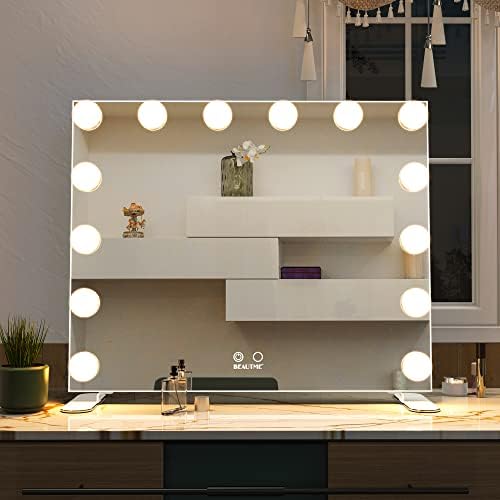 Огледало BEAUTME с подсветка, Голливудское Огледало за грим с 14 крушки с Димер, Тоалетен Десктоп огледало/Стенно огледало с