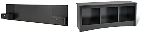 Дизайнерско легло Prepac серия 9 с Плаващ Кралския таблата и Нощни шкафчета Черен цвят и Пейка-Кубби, Черна
