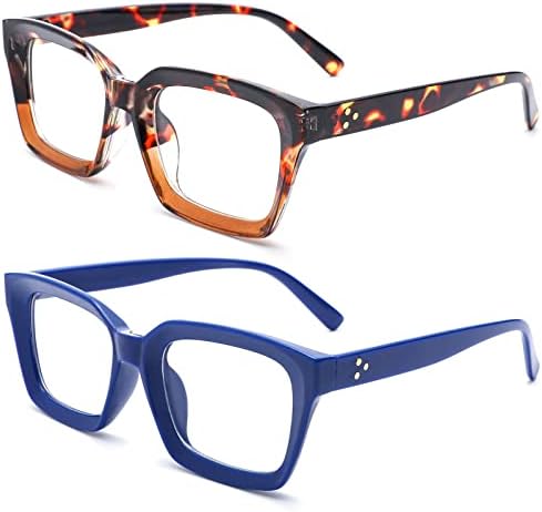 NULOOQ, 2 опаковки на Стилни женски Очила за четене, Квадратни Очила в стил Опра, Блокиране на Синята Светлина,