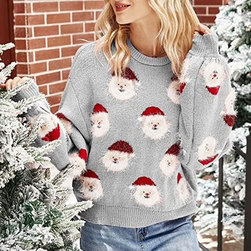 Коледен Пуловер за Жени, Вязаный Пуловер с Размита Картина на Главата на Дядо Коледа, Всекидневни Забавен Грозен