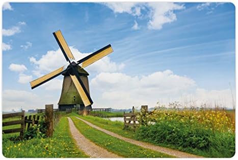 Подложка за домашни любимци Ambesonne Windmill за храна и вода, Цъфтящо Пролетта на терена в Холандия-Старата Традиционна