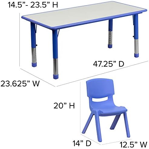 Флаш Мебели Emmy 23,625 W x 47,25Л Правоъгълна Синя Пластмасова Маса за занимания с Регулируема височина и 6 Стола