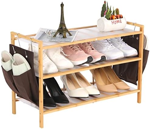 CoMokin 3-Ярусная Бамбук Рафт за обувки, за кабинет, Штабелируемый Органайзер за обувки със Странични джобове