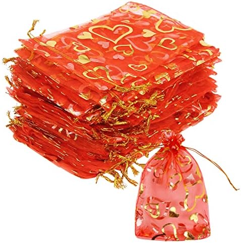 FOIMAS 100 бр. Подаръчни Торбички от Органза във формата на Сърце, 4x6 Инча, Червен Торбичка за Бижута от съвсем
