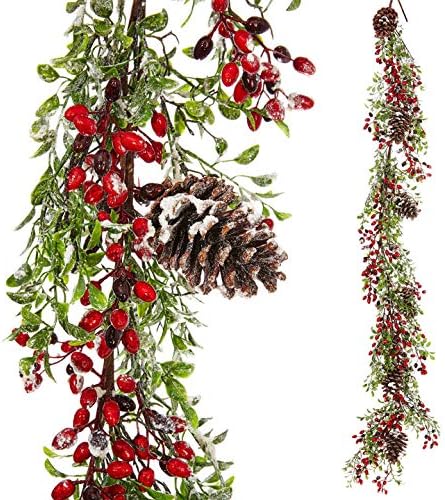 Празнична Коледна Гирлянда Vita Domi Beautful 5,5' от Бели плодове с борови шишками и Червени Плодове за плота на тоалетката